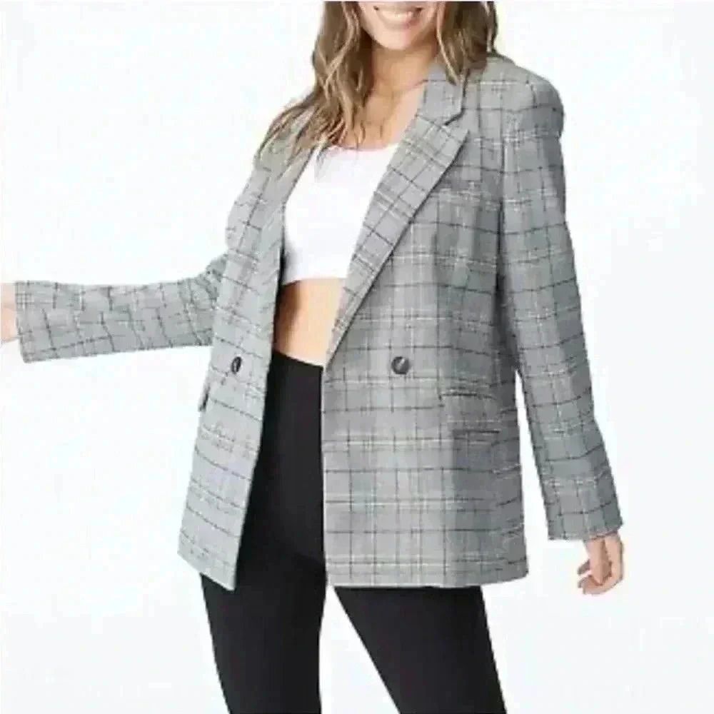 Cotton:on womens plaid Blazer oversized double breasted, buttoned black taupe XS